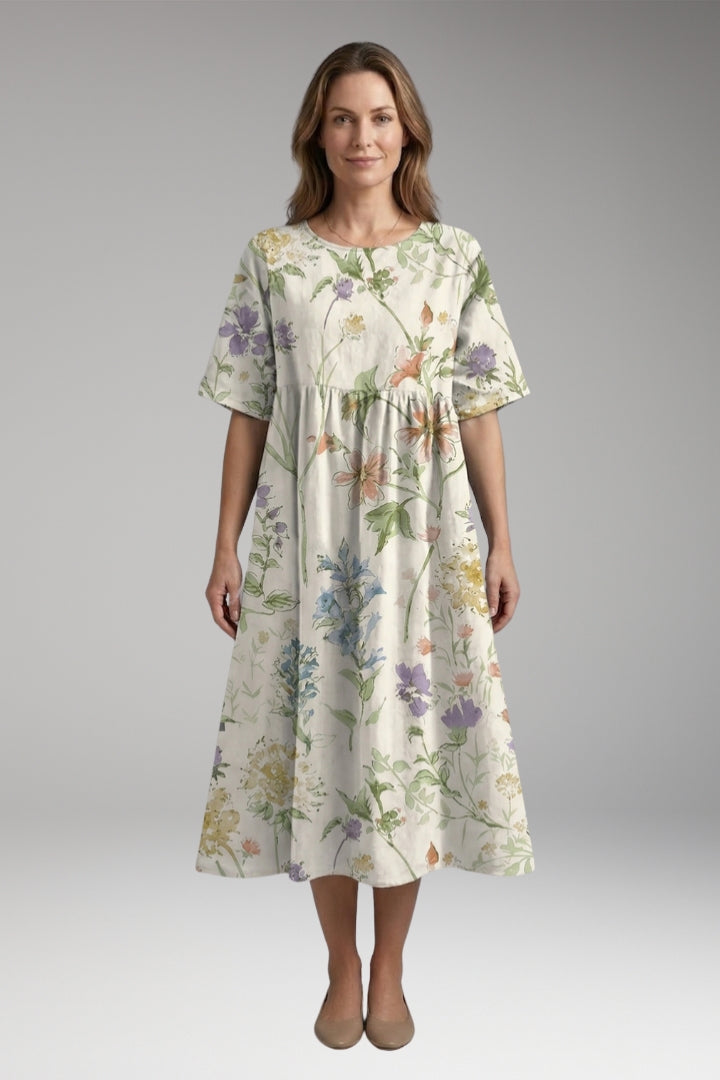 Women's Midi Dress with Round Neck and Short Sleeves
