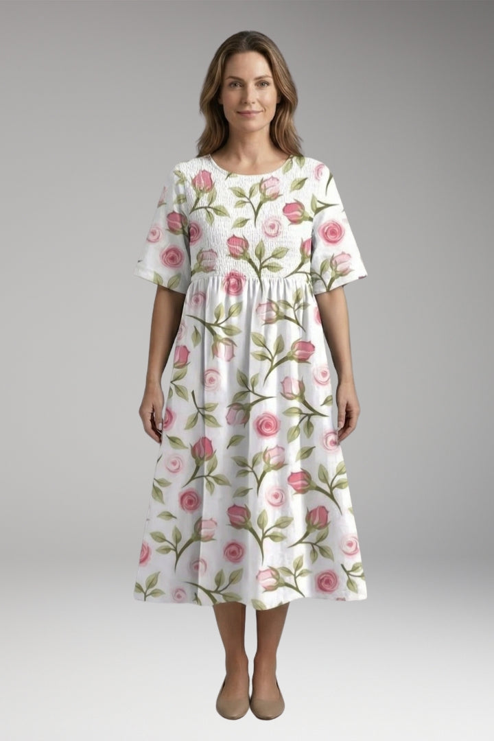 Women's Midi Dress with Round Neck and Short Sleeves