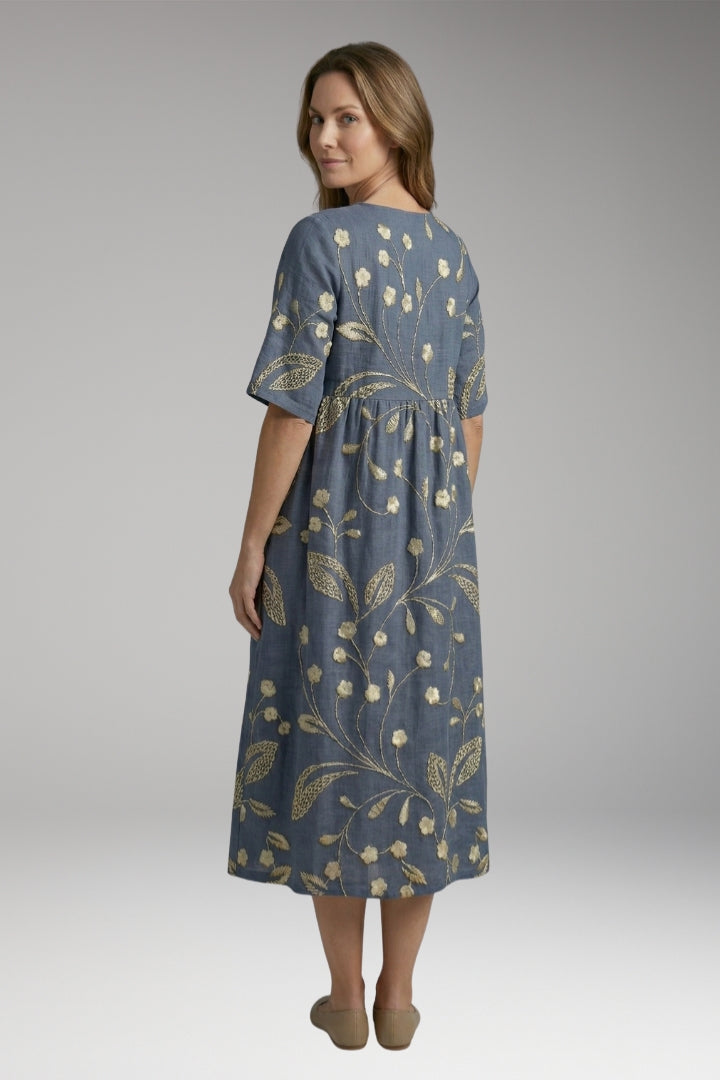 Women's Midi Dress with Round Neck and Short Sleeves