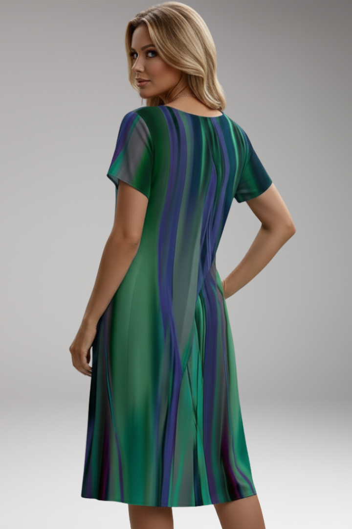 Women's Midi Dress with Round Neck and Short Sleeves