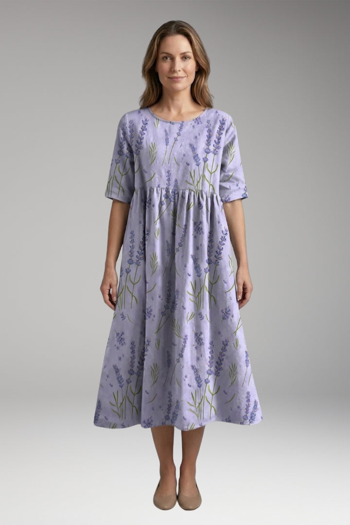 Women's Midi Dress with Round Neck and Short Sleeves