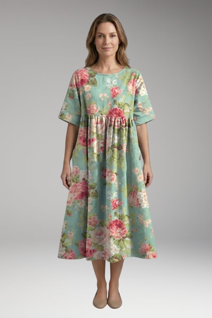 Women's Midi Dress with Round Neck and Short Sleeves
