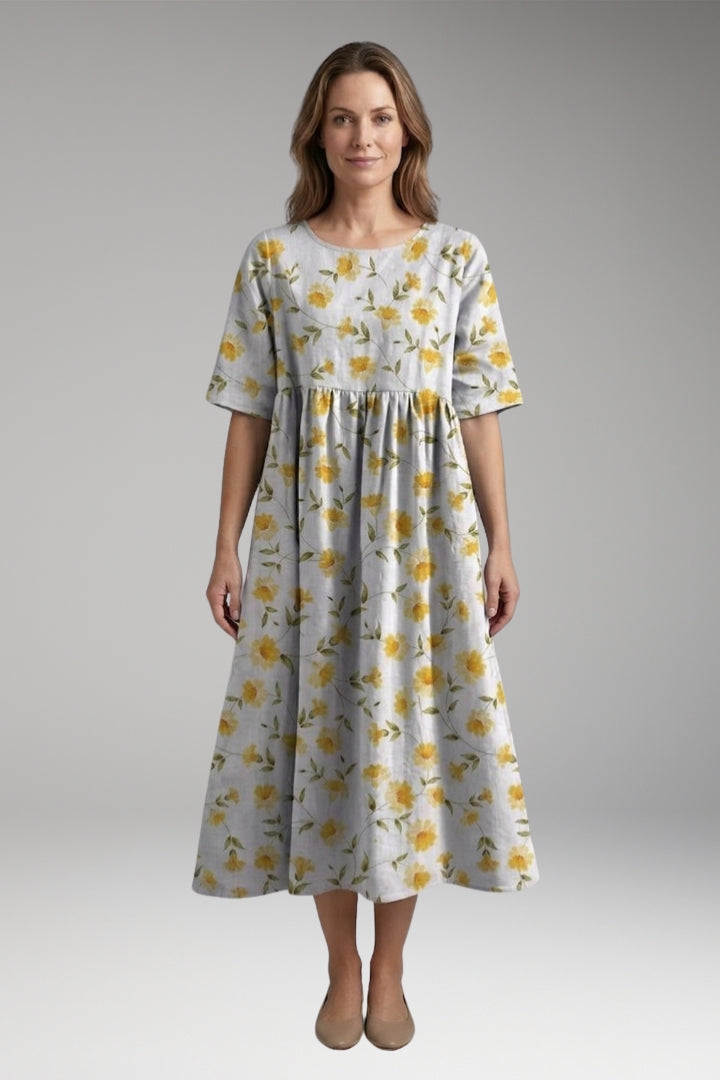 Women's Midi Dress with Round Neck and Short Sleeves