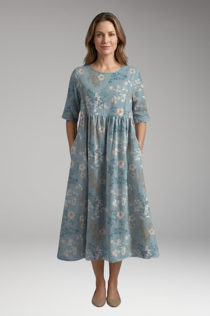 Women's Midi Dress with Round Neck and Short Sleeves