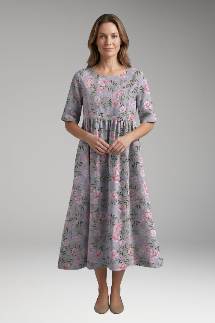 Women's Midi Dress with Round Neck and Short Sleeves