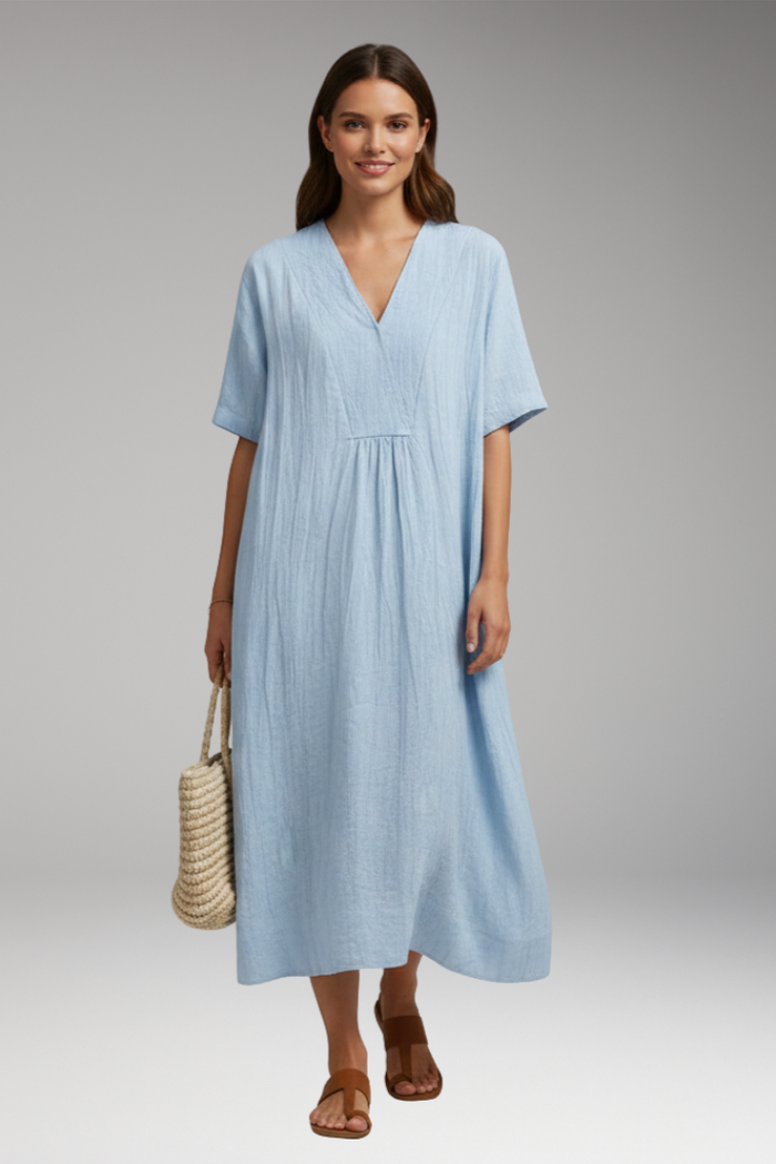 Women's Midi Dress with Short Sleeves and Textured Surface