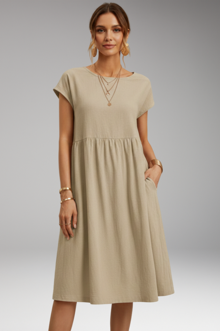 Women's Midi Dress with Side Pockets and Short Sleeves