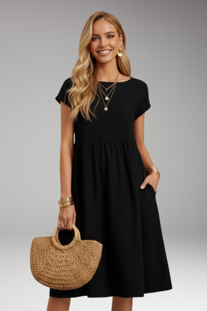 Women's Midi Dress with Side Pockets and Short Sleeves
