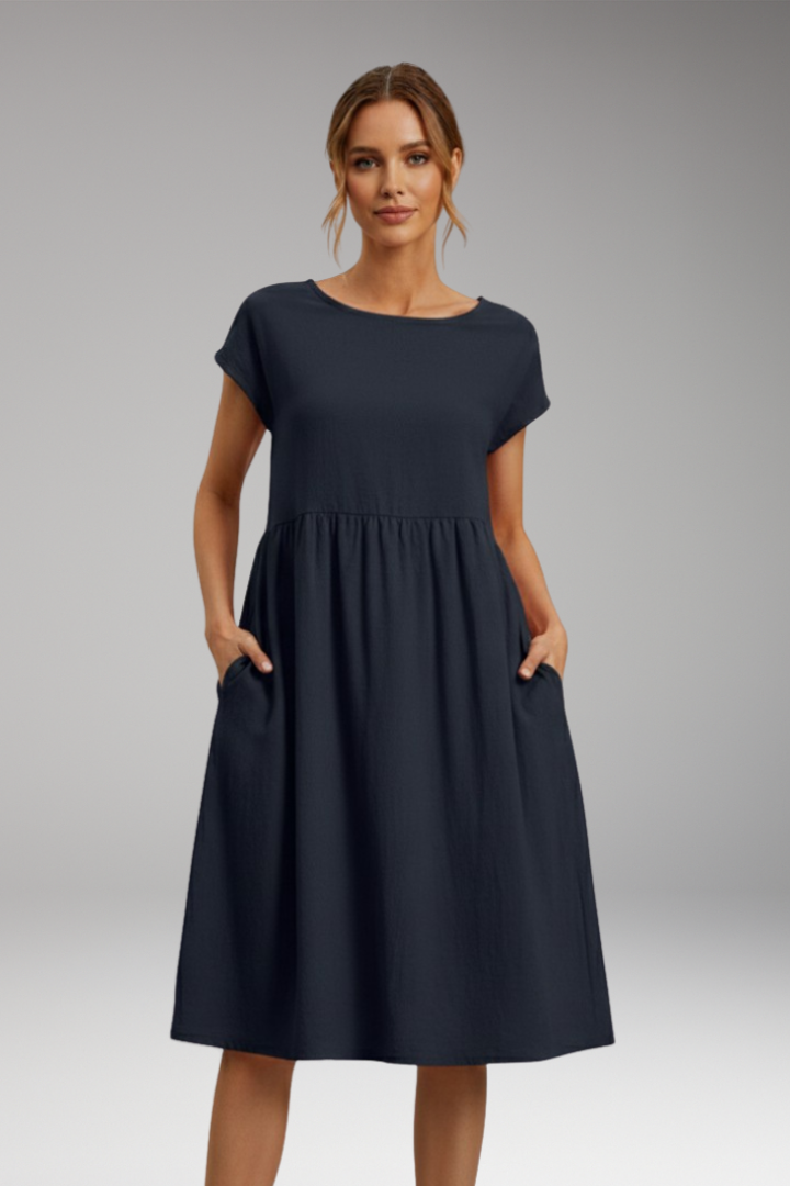 Women's Midi Dress with Side Pockets and Short Sleeves