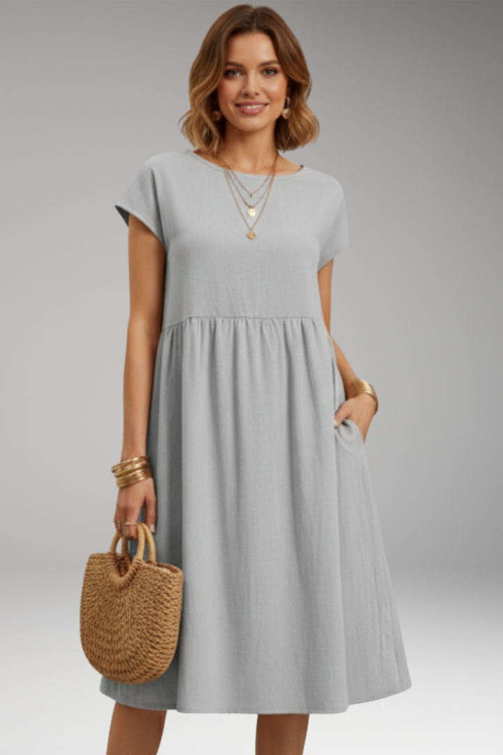 Women's Midi Dress with Side Pockets and Short Sleeves