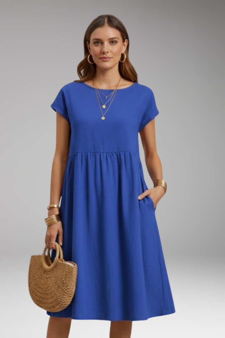 Women's Midi Dress with Side Pockets and Short Sleeves