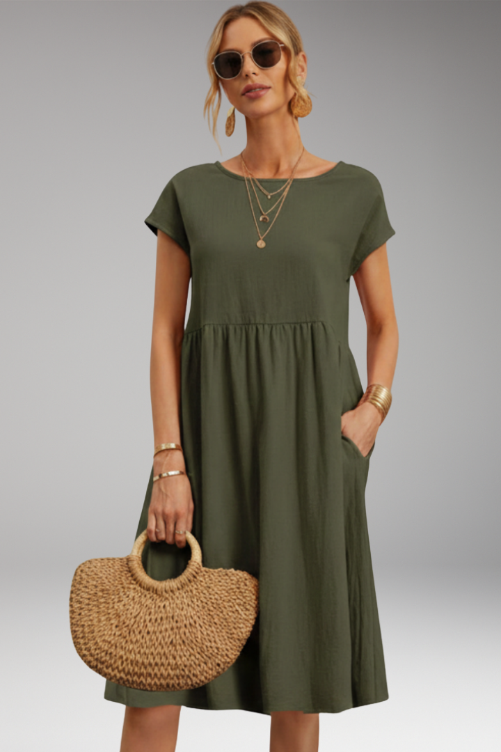 Women's Midi Dress with Side Pockets and Short Sleeves