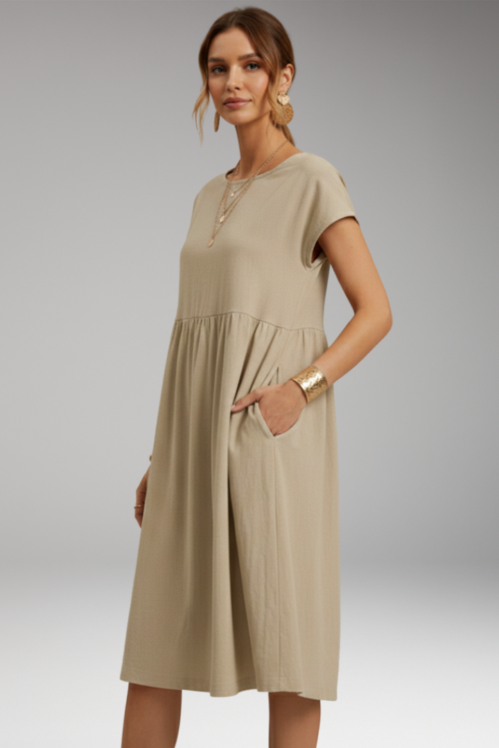 Women's Midi Dress with Side Pockets and Short Sleeves