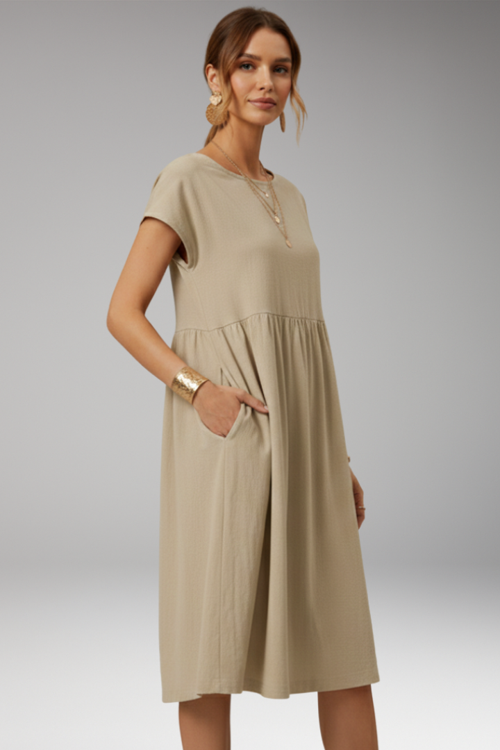 Women's Midi Dress with Side Pockets and Short Sleeves