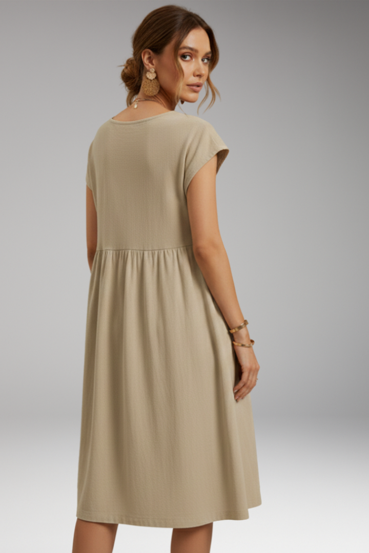 Women's Midi Dress with Side Pockets and Short Sleeves