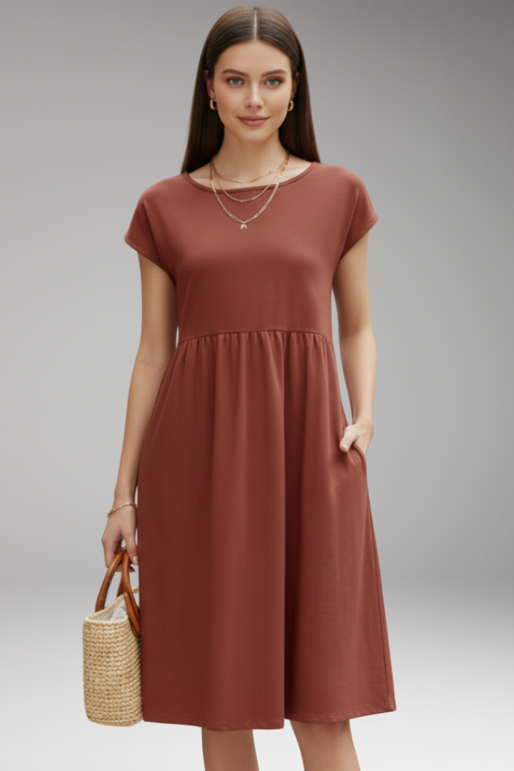 Women's Midi Dress with Side Pockets and Short Sleeves