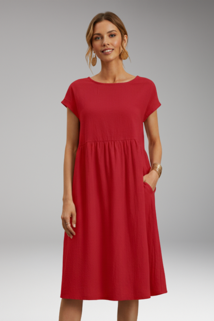 Women's Midi Dress with Side Pockets and Short Sleeves
