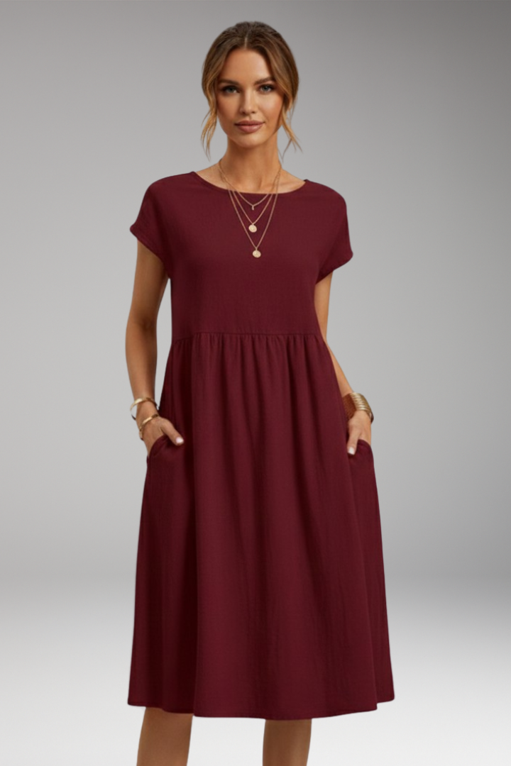 Women's Midi Dress with Side Pockets and Short Sleeves