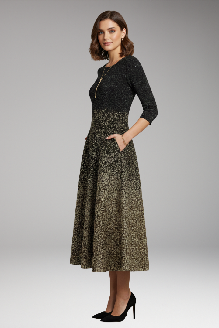 Women's Midi Dress with Side Pockets and Three-Quarter Sleeves