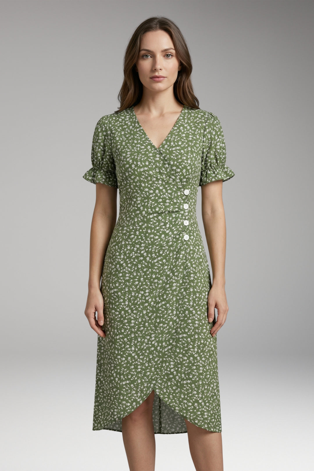 Women's Midi Dress with V-Neck and Wrap Design