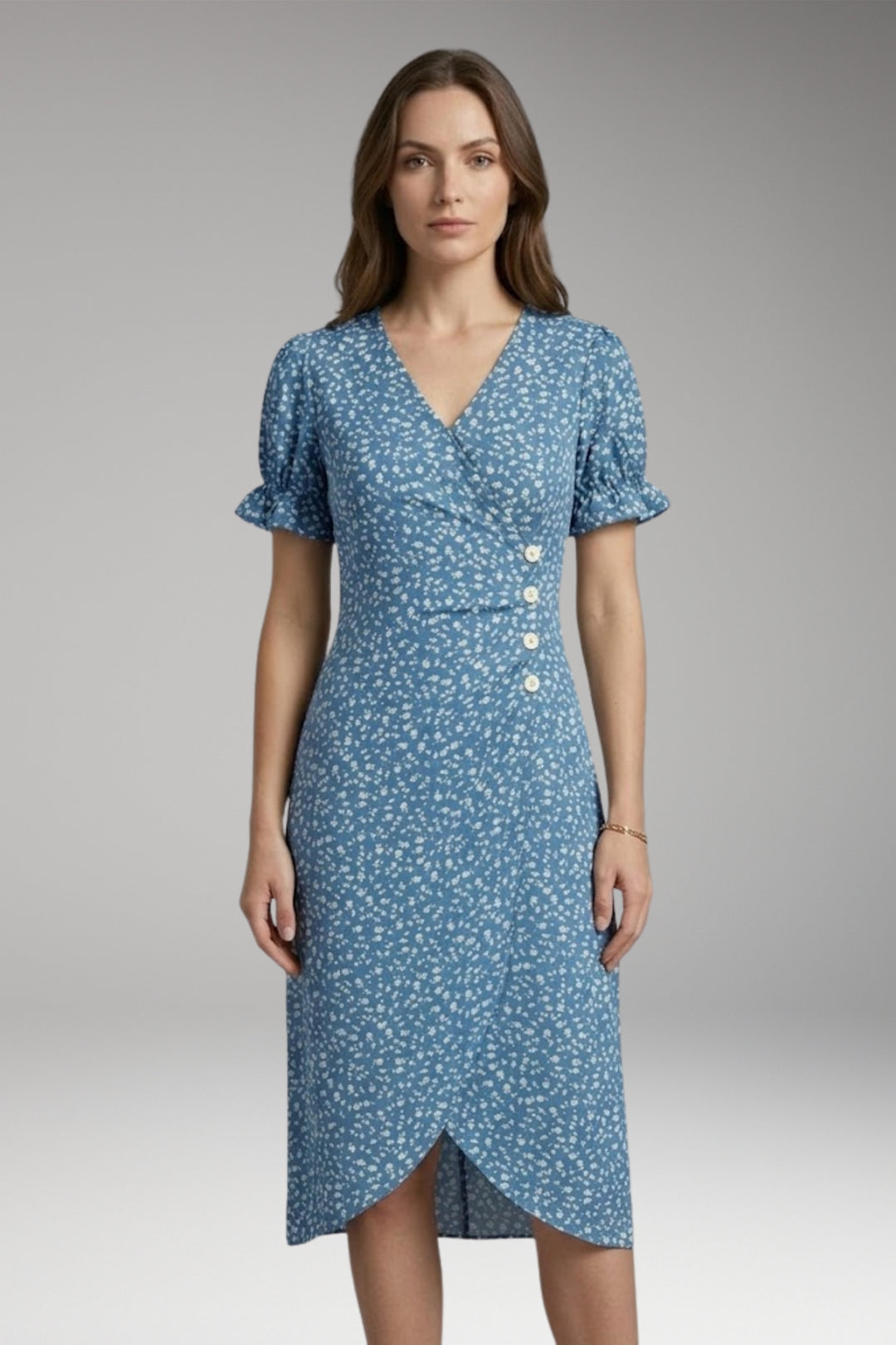 Women's Midi Dress with V-Neck and Wrap Design