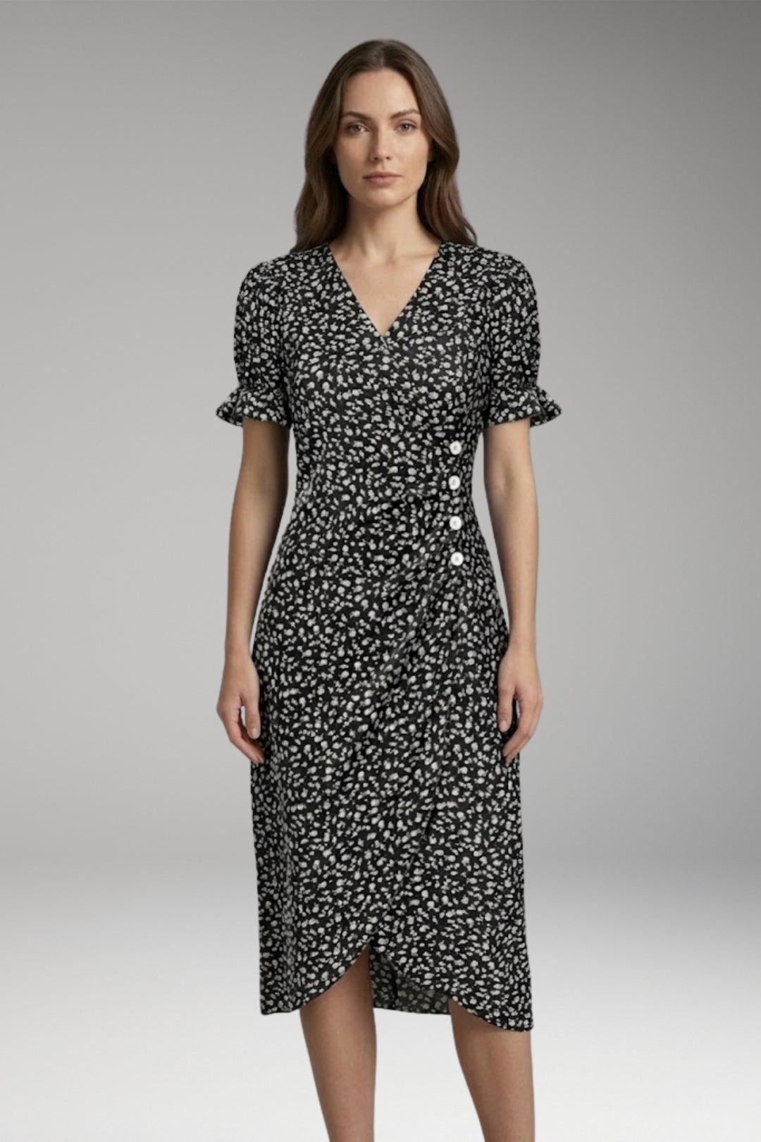 Women's Midi Dress with V-Neck and Wrap Design