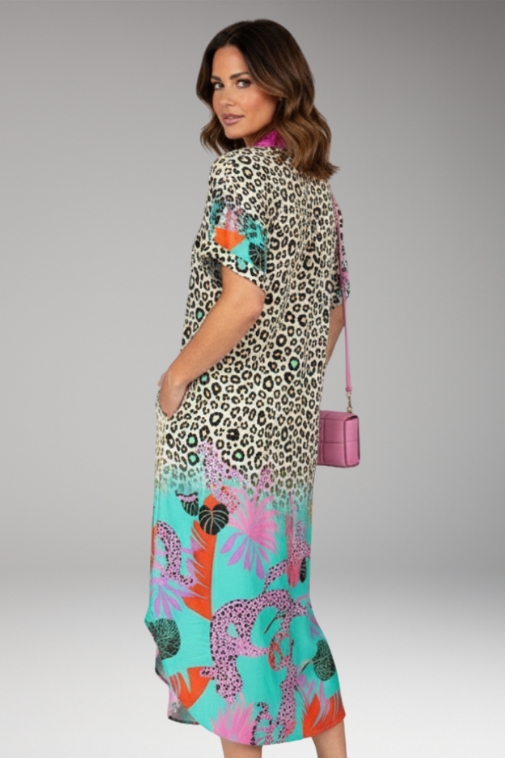 Women's Midi Dress with V Neck and Animal Print