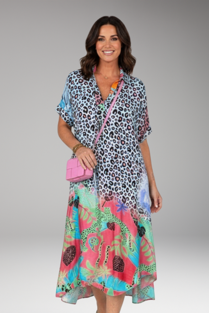 Women's Midi Dress with V Neck and Animal Print