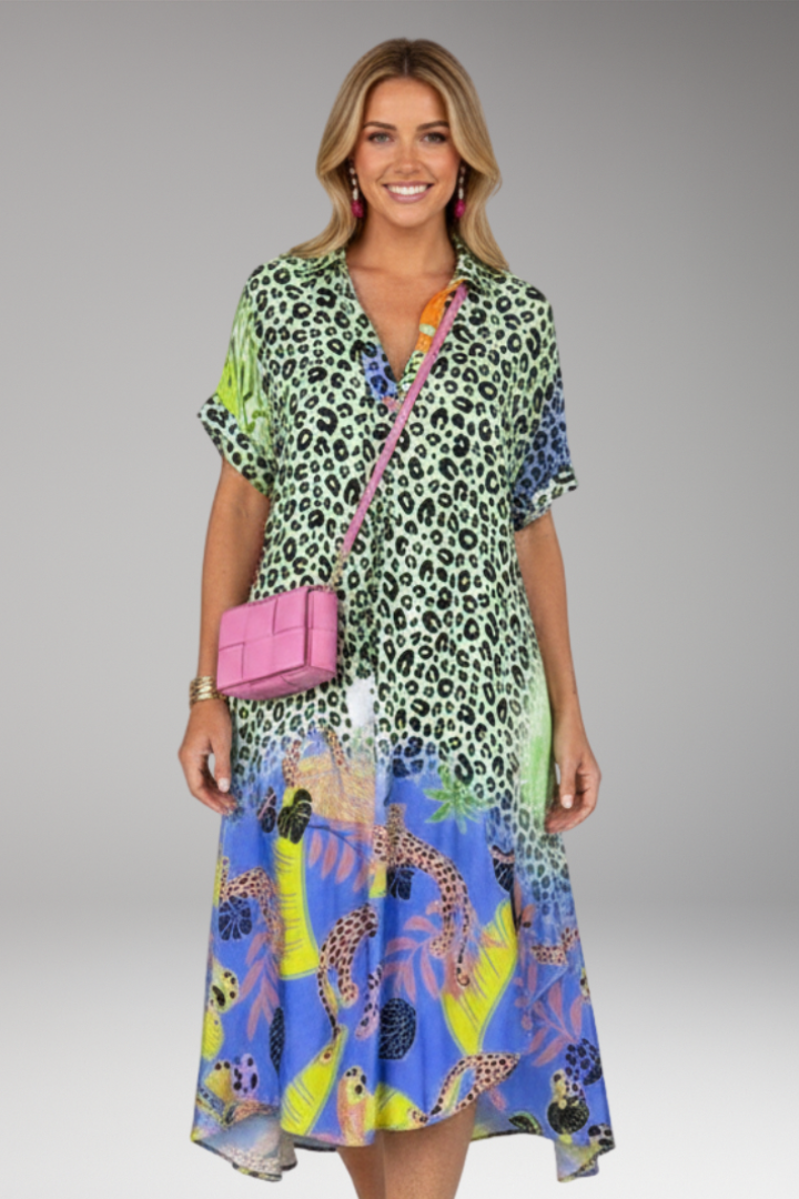 Women's Midi Dress with V Neck and Animal Print