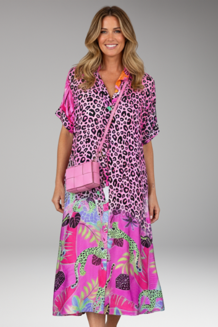 Women's Midi Dress with V Neck and Animal Print