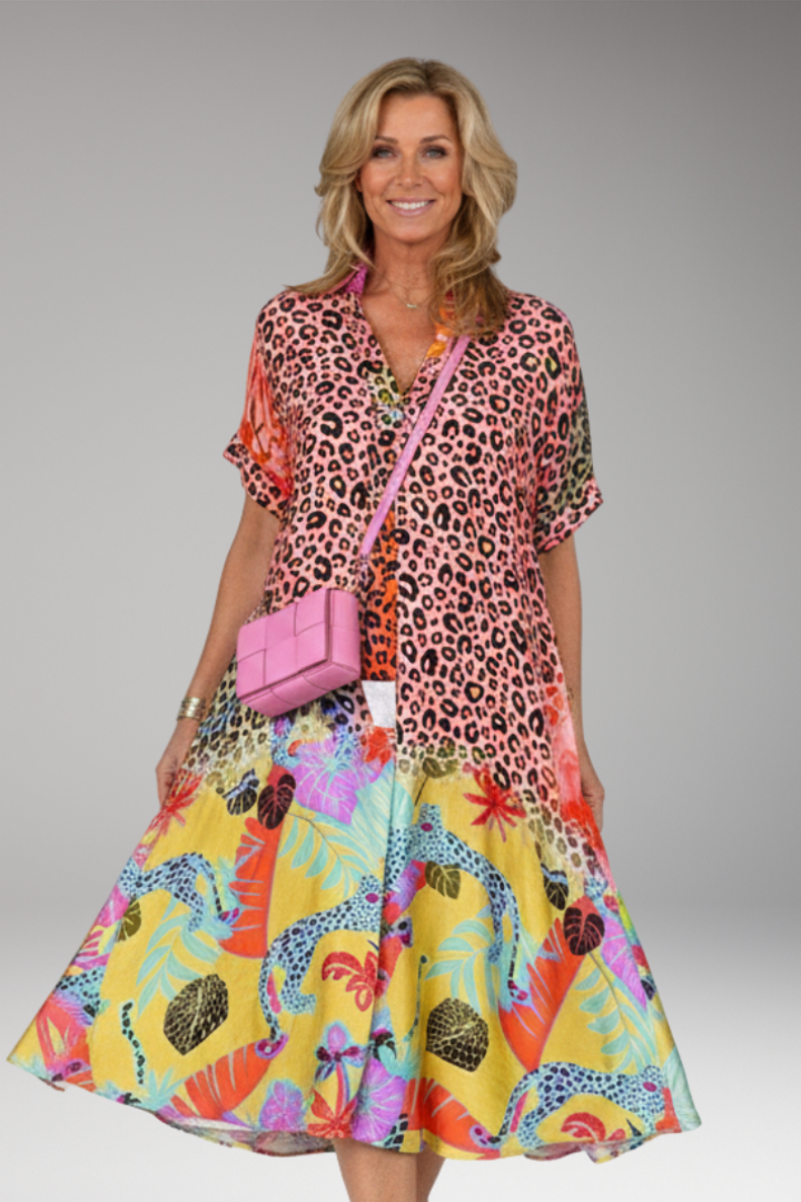Women's Midi Dress with V Neck and Animal Print