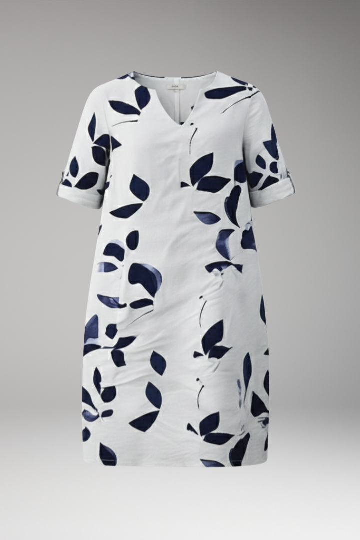 Women's Midi Dress with V Neck and Leaf Print Pattern