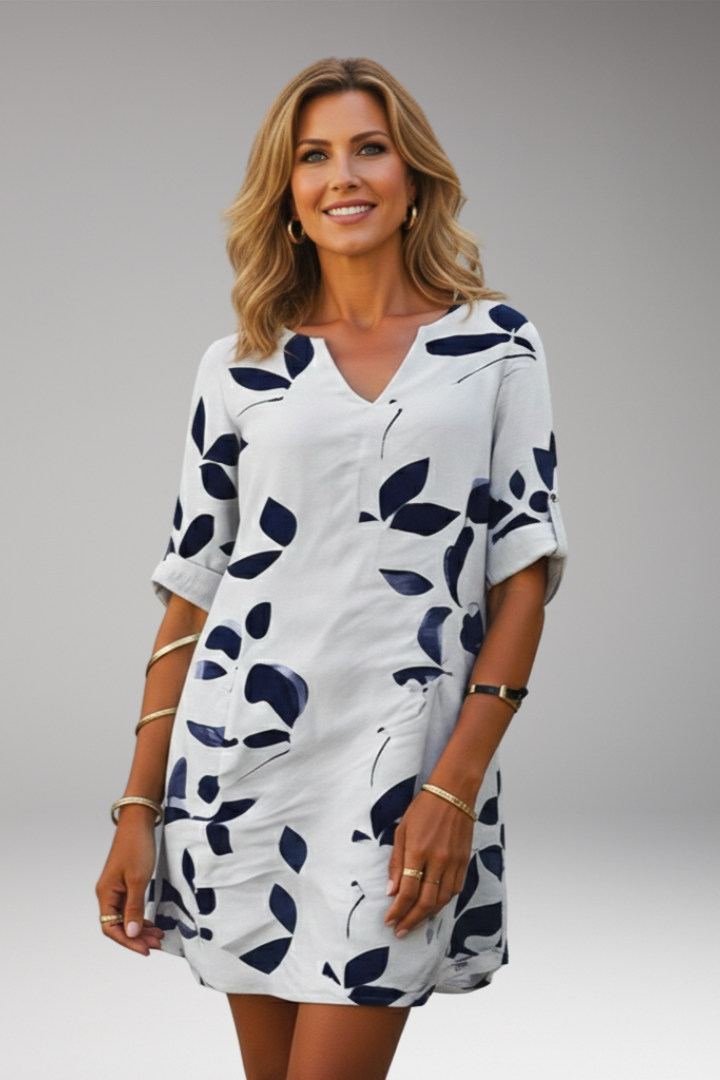 Women's Midi Dress with V Neck and Leaf Print Pattern