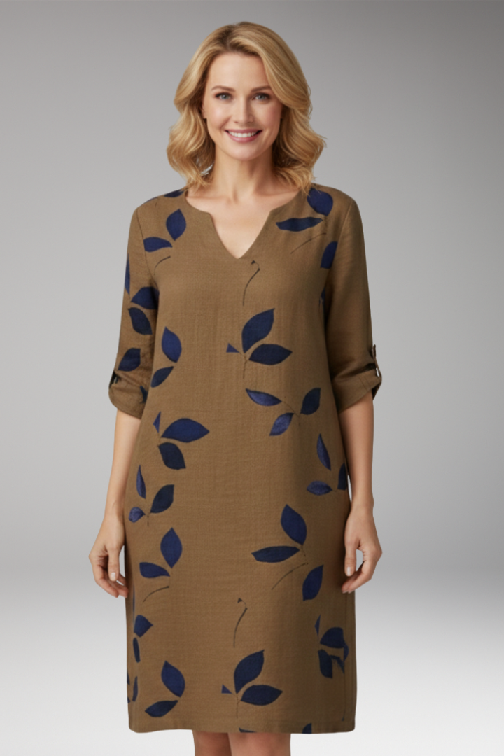 Women's Midi Dress with V Neck and Leaf Print Pattern