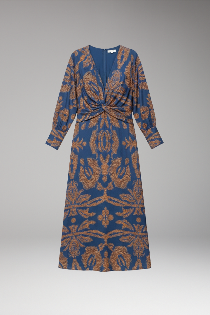Women's Midi Dress with V Neck and Long Sleeves