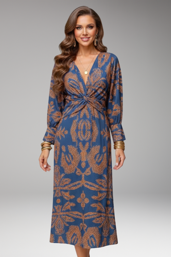 Women's Midi Dress with V Neck and Long Sleeves