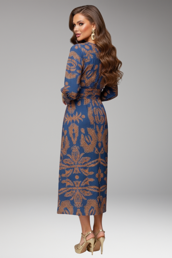 Women's Midi Dress with V Neck and Long Sleeves