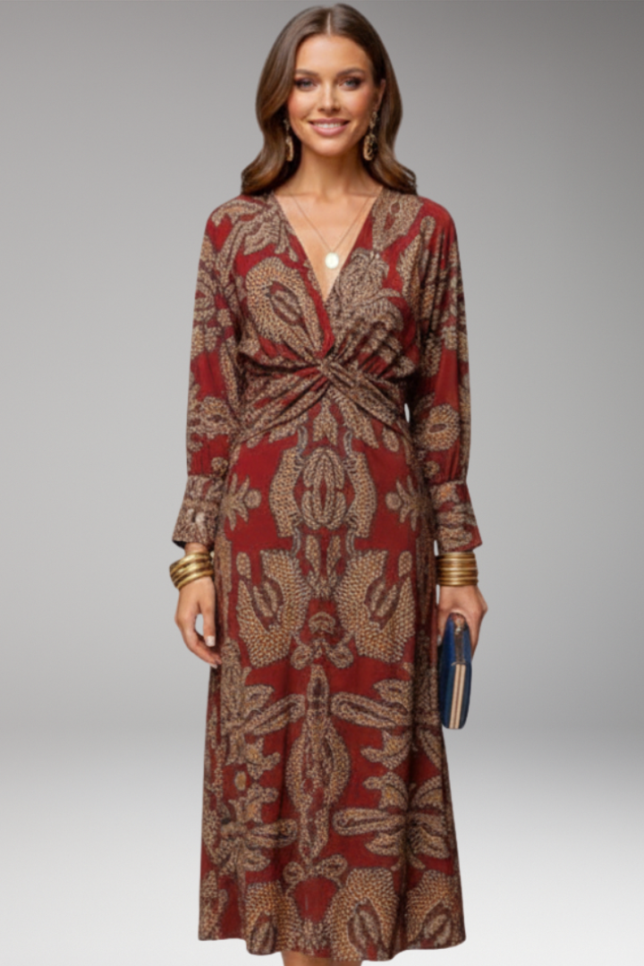 Women's Midi Dress with V Neck and Long Sleeves
