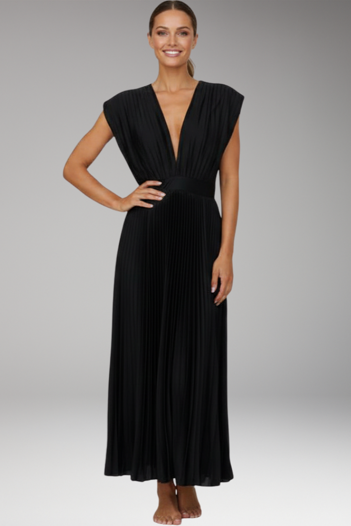 Women's Midi Dress with V Neck and Pleated Skirt