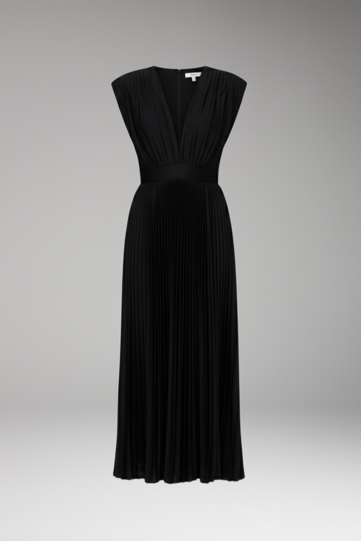 Women's Midi Dress with V Neck and Pleated Skirt