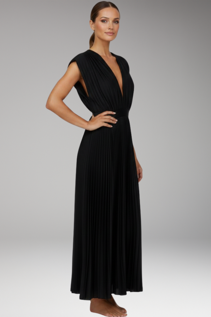 Women's Midi Dress with V Neck and Pleated Skirt