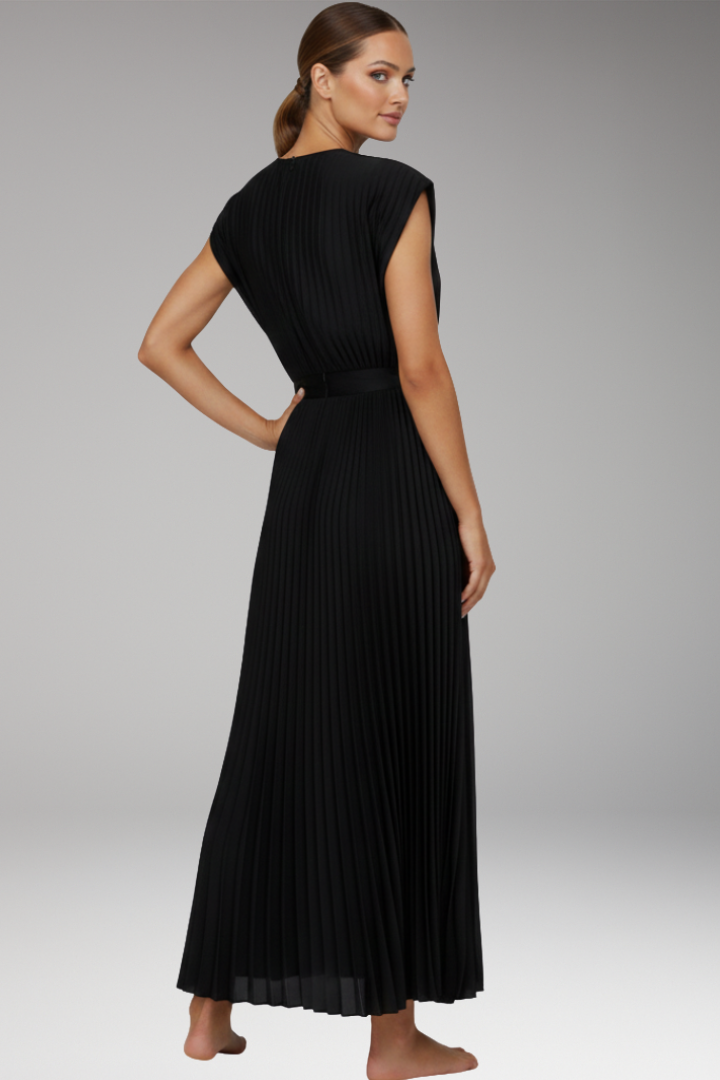 Women's Midi Dress with V Neck and Pleated Skirt