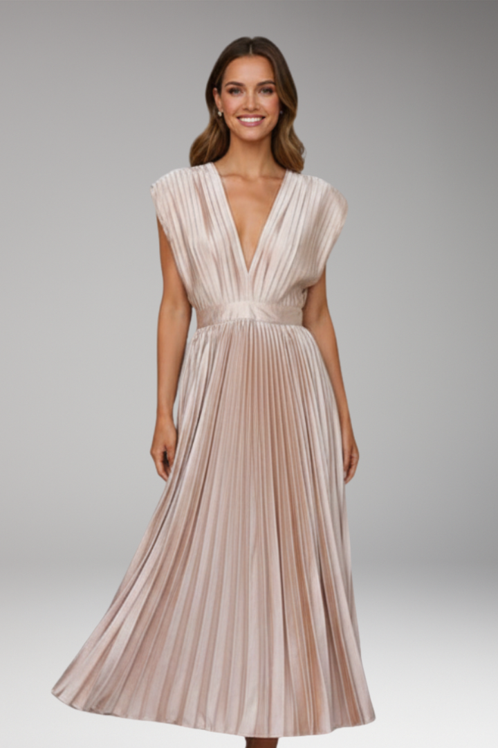 Women's Midi Dress with V Neck and Pleated Skirt
