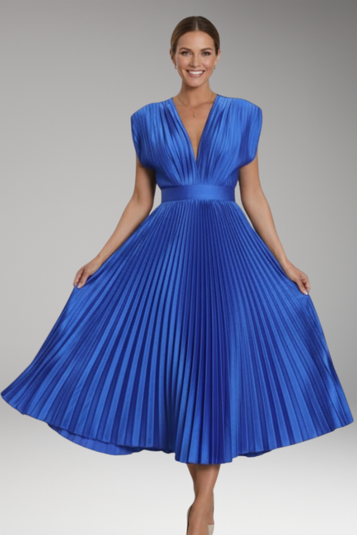 Women's Midi Dress with V Neck and Pleated Skirt