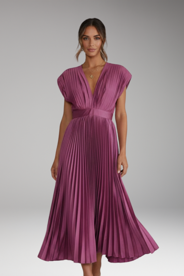 Women's Midi Dress with V Neck and Pleated Skirt