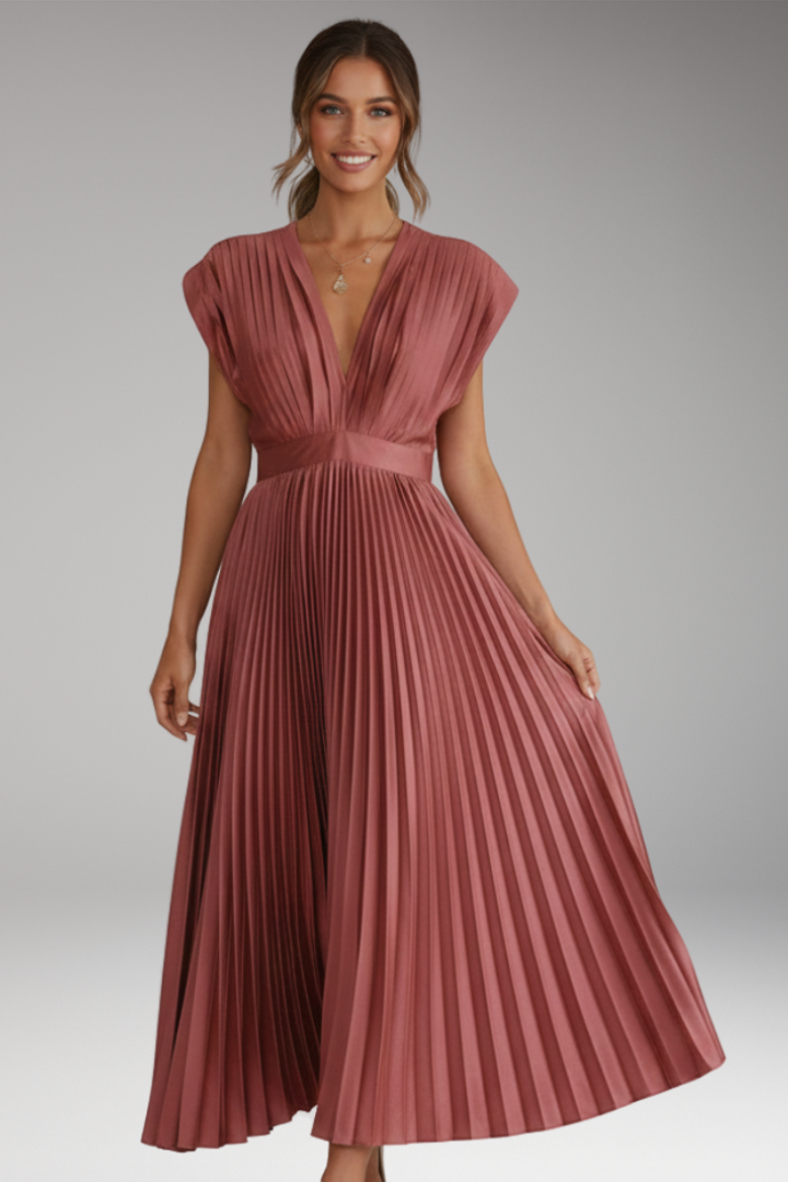 Women's Midi Dress with V Neck and Pleated Skirt