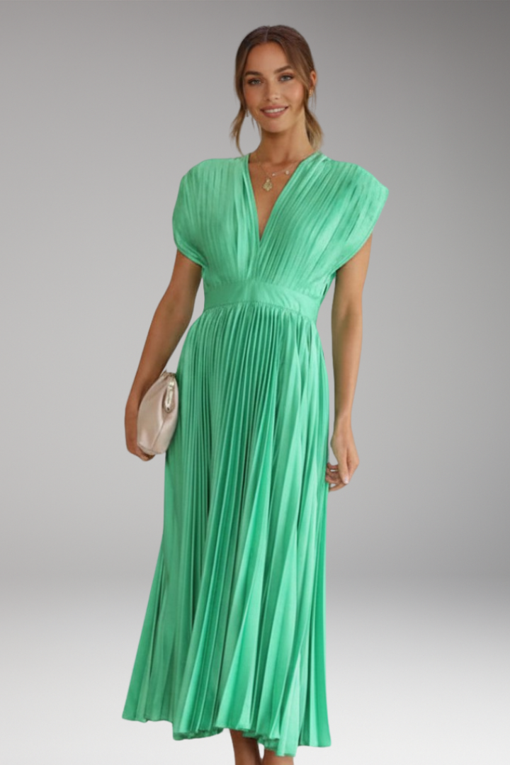 Women's Midi Dress with V Neck and Pleated Skirt