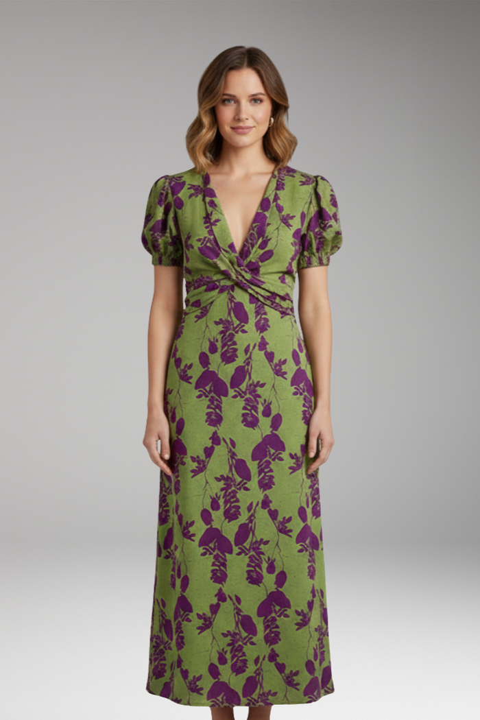 Women's Midi Dress with V Neck and Puff Sleeves