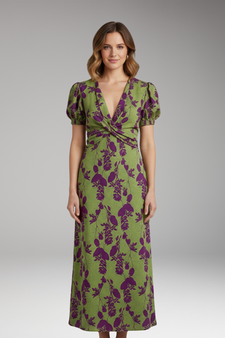 Women's Midi Dress with V Neck and Puff Sleeves