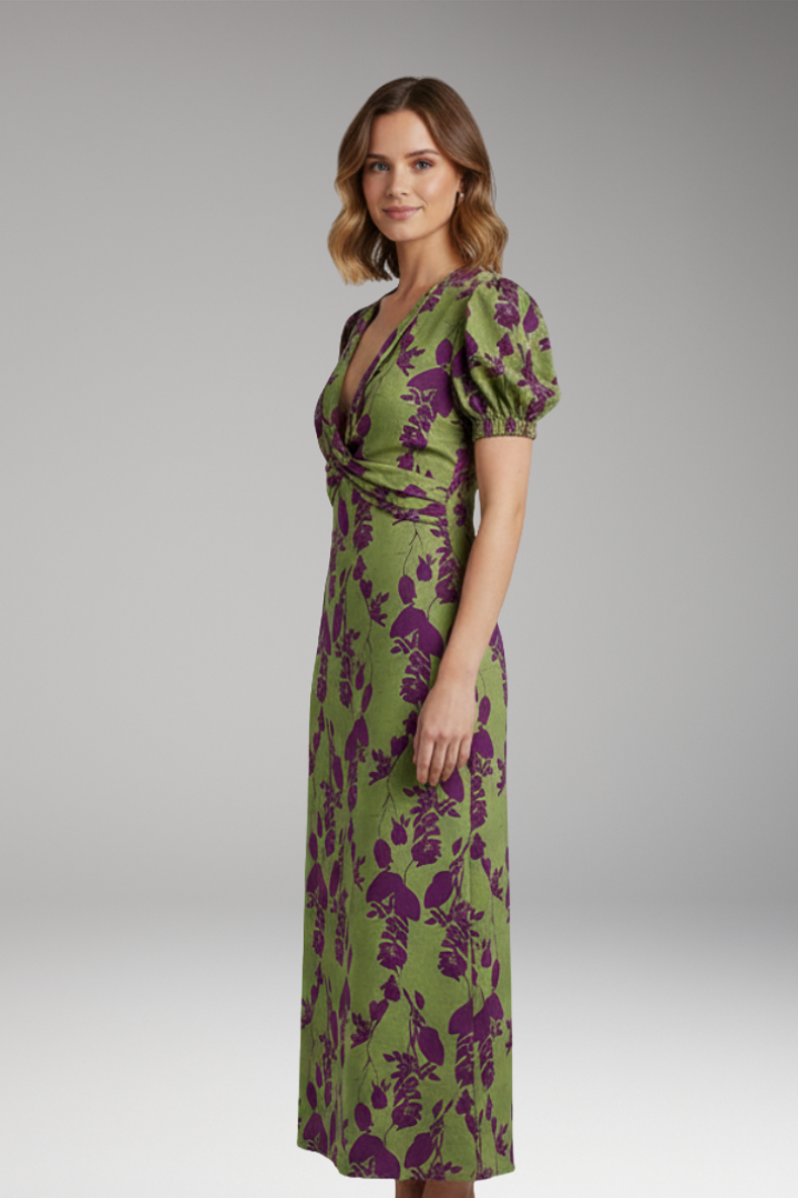 Women's Midi Dress with V Neck and Puff Sleeves